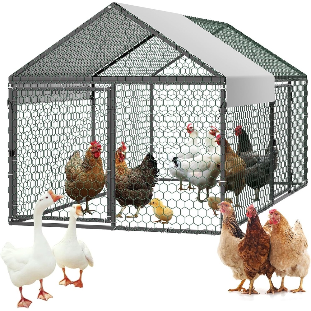 image:imageVEVOR Metal Chicken Coop for 46 Chickens 33 x 66 x 33 ft Small Chicken Cage with Waterproof Cover amp Double Doors Spire Roof Poultry Run Compatible with Wooden Coops for Rabbit Hen Goose Duck