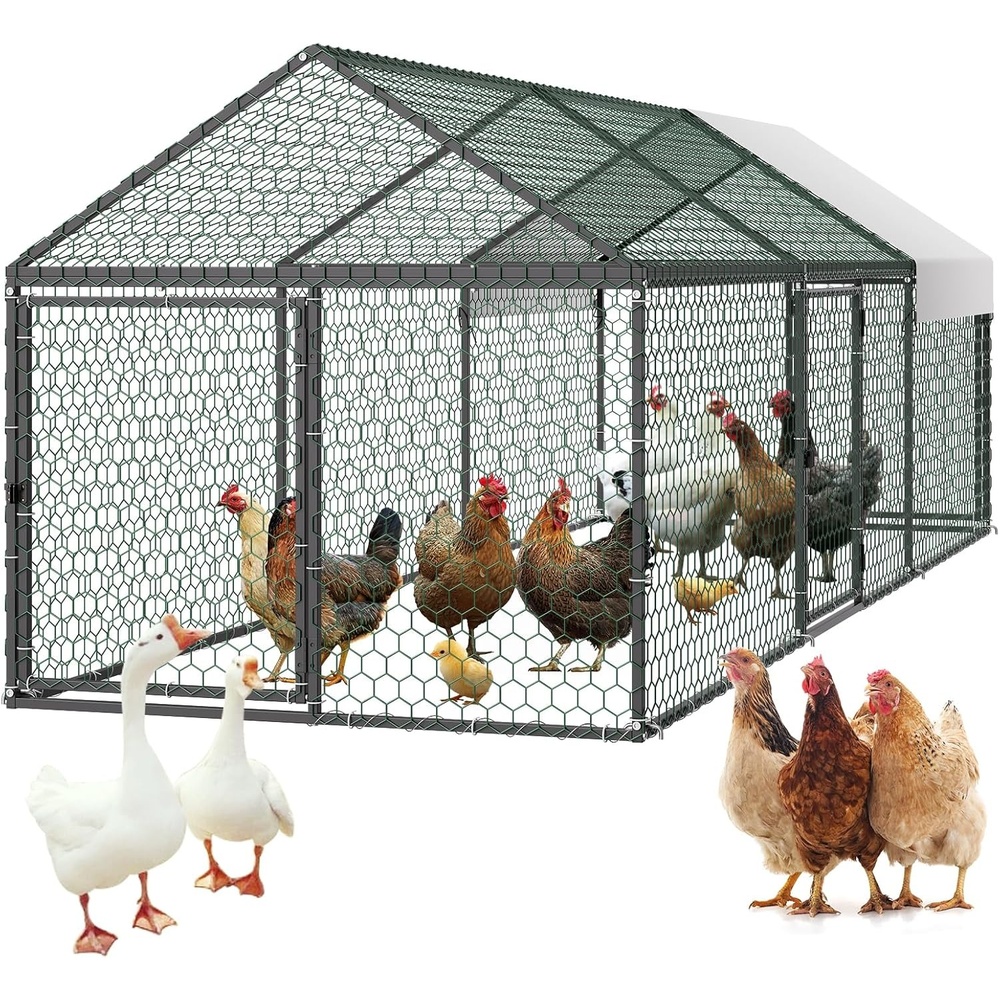 image:imageVEVOR Metal Chicken Coop for 68 Chickens 33 x 98 x 33 ft Small Chicken Cage with Waterproof Cover amp 3 Doors Spire Roof Poultry Run Compatible with Wooden Coops for Rabbit Hen Goose Duck