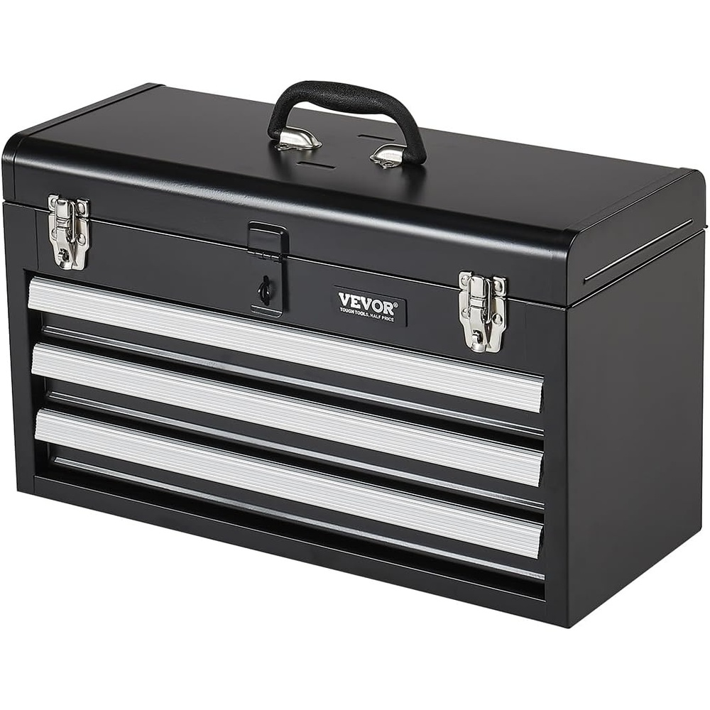 image:imageVEVOR Metal Tool Box 205inch Portable Metal Tool Box with 3 Drawers Small Tool Chest with EVA Liners Ball Bearing Slide Drawers Locking amp Powder Coated Finish MultiFunction Tool Organizer Red3 DrawersBlack