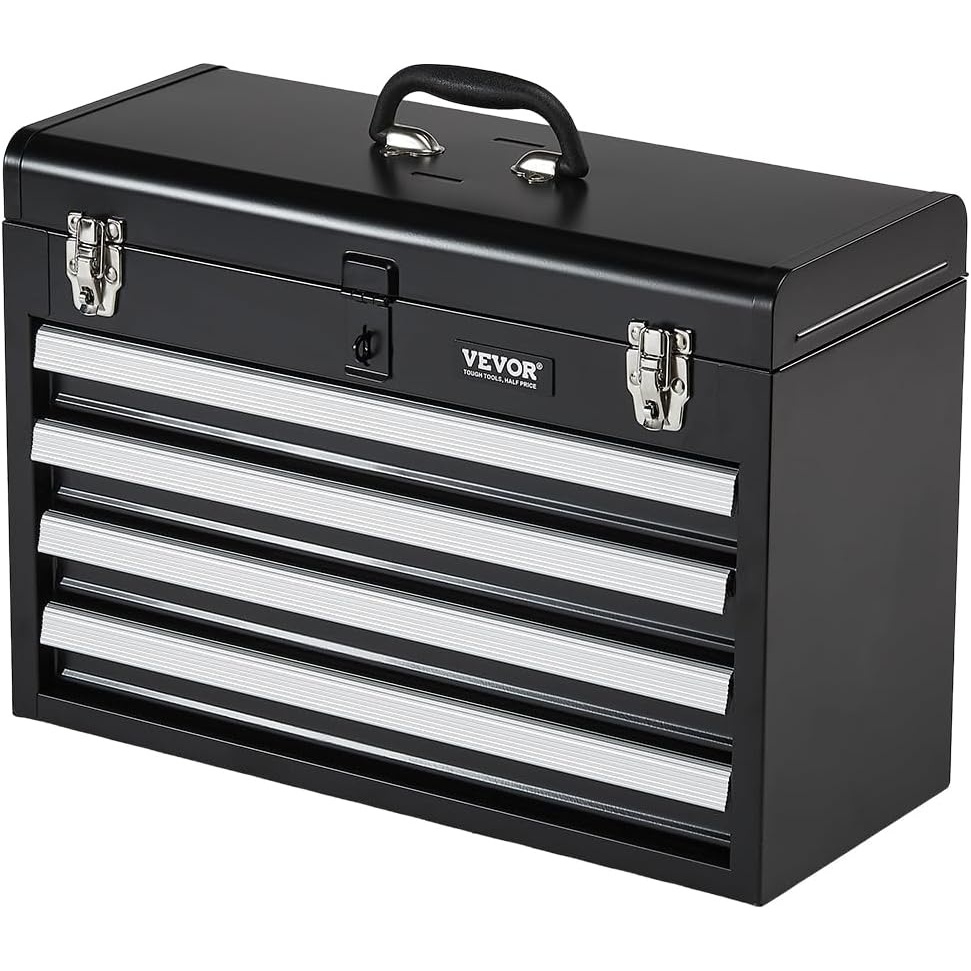 image:imageVEVOR Metal Tool Box 205inch Portable Metal Tool Box with 3 Drawers Small Tool Chest with EVA Liners Ball Bearing Slide Drawers Locking amp Powder Coated Finish MultiFunction Tool Organizer Red4 DrawersBlack