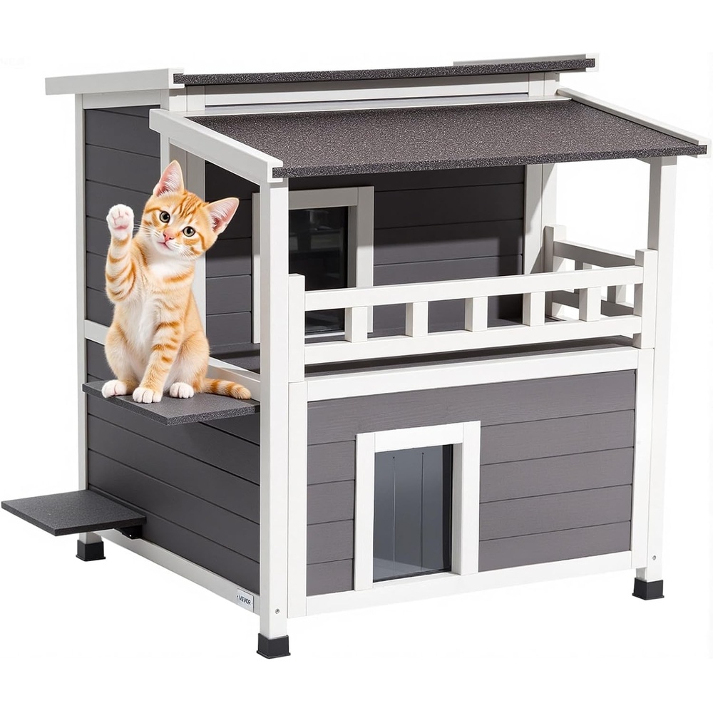 image:imageVEVOR Outdoor Cat House 2Story Wooden Cat Shelter with Stairs amp Balcony Elevated Feral Kitty Shelter Spacious Room Waterproof Cats Condos for Indoor amp Outdoor Cats in Winter 30 x 22 x 30 inGray  2 story Wooden House with Insulated liner