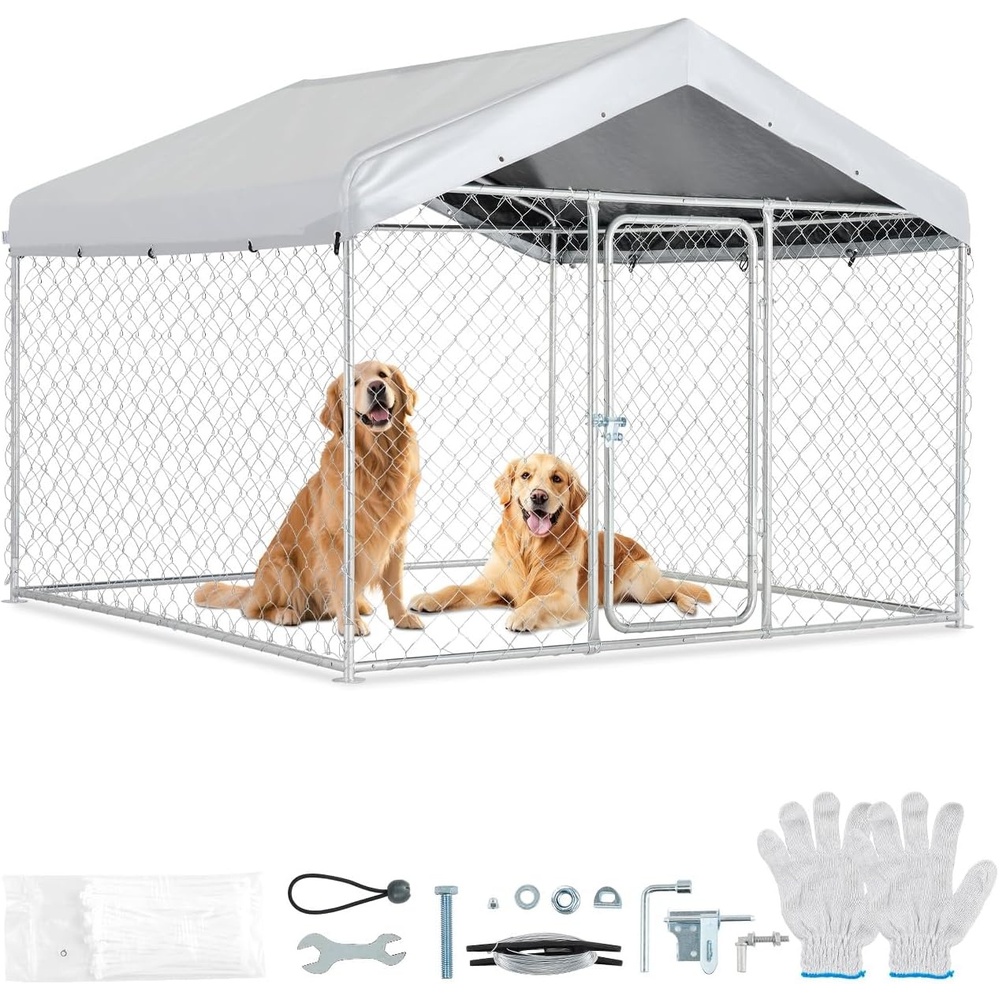 image:imageVEVOR Outdoor Dog Kennel 656 x 656 x 525 ft Large Dog Kennel with Secure Lock Outside Dogs Enclosures with UVResistant amp Waterproof Roof Cover Heavy Duty Pet Crate Cage Run for Large Dogs656 x 656 x 525 ft