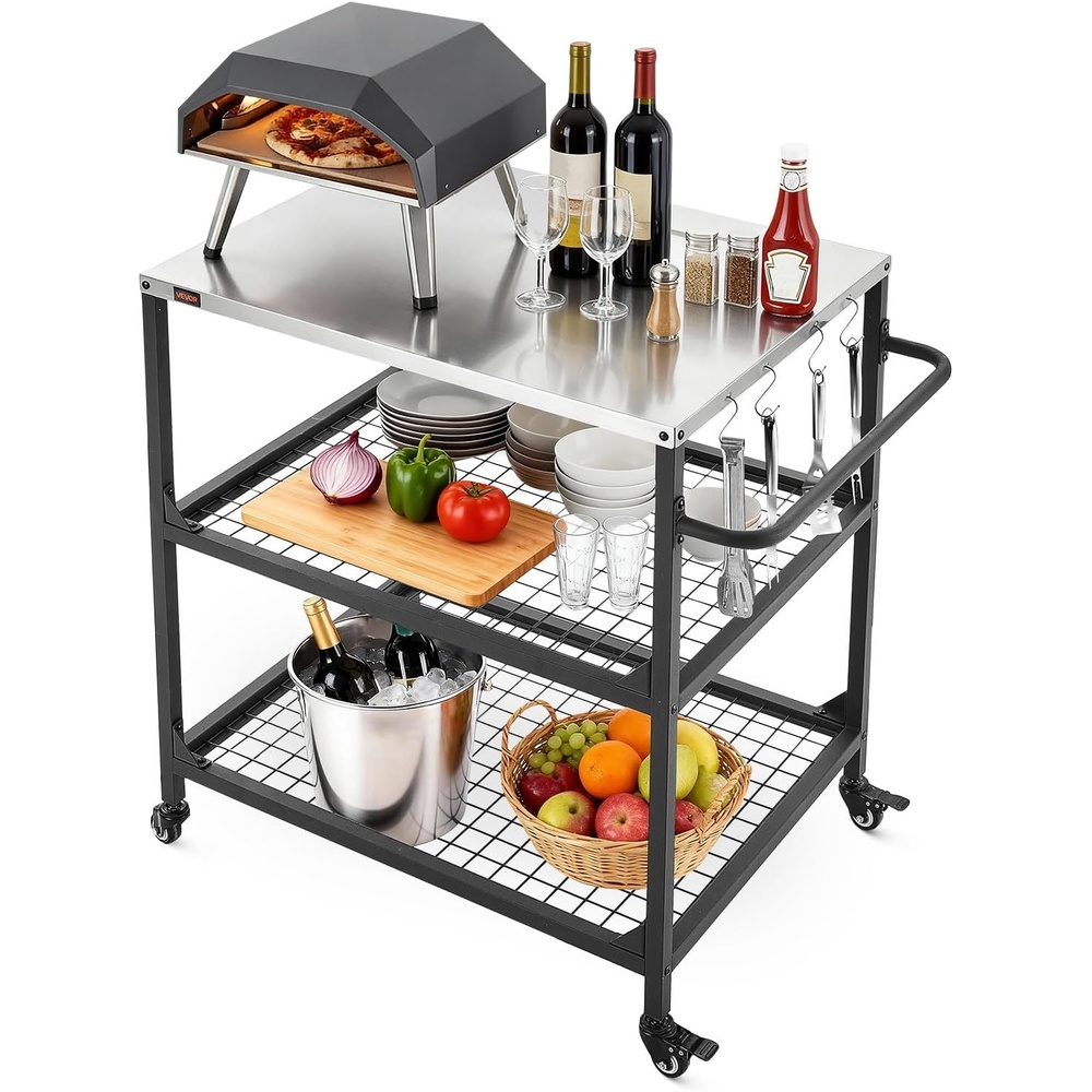 image:imageVEVOR Outdoor Grill Cart 315 x 240 inch Stainless Steel Tabletop Size Grilling Table Outdoor Cooking Table with 4 Wheels amp Side Handle Two Mesh Shelves BBQ Prep Tables for Patio GardenBlack