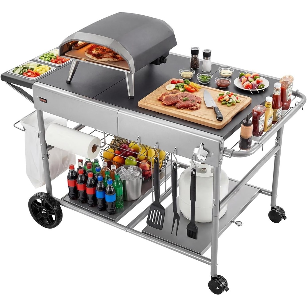 image:imageVEVOR Outdoor Grill Cart 315 x 240 inch Stainless Steel Tabletop Size Grilling Table Outdoor Cooking Table with 4 Wheels amp Side Handle Two Mesh Shelves BBQ Prep Tables for Patio GardenGray