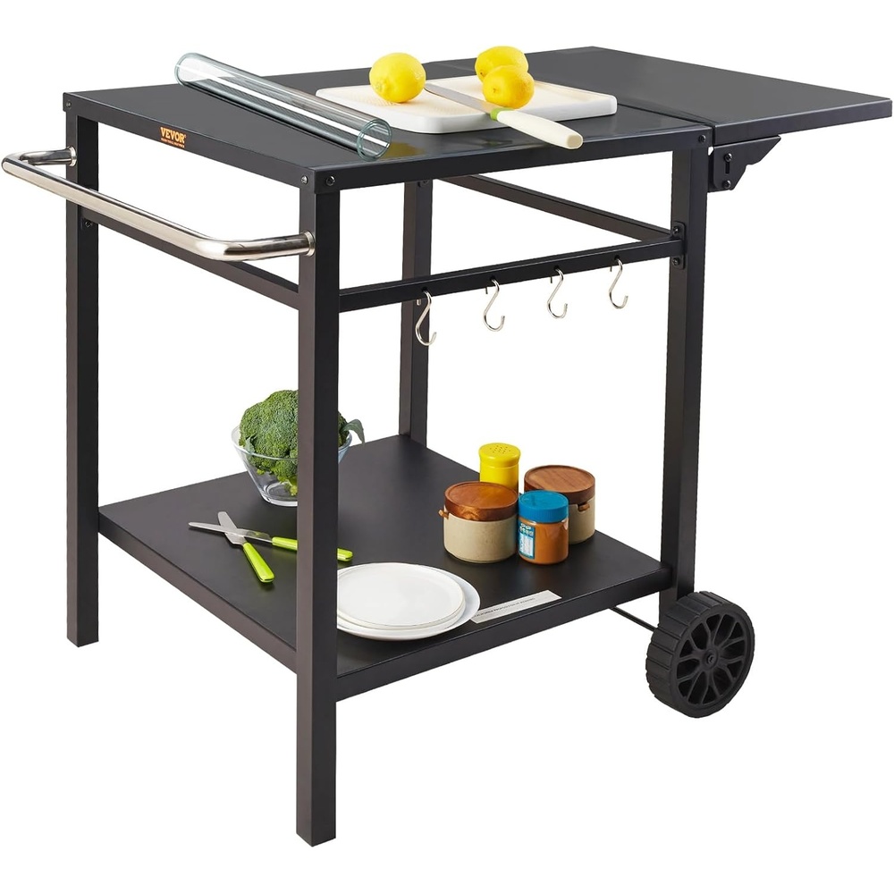 image:imageVEVOR Outdoor Grill Cart with DoubleShelf BBQ Movable Food Prep Table with PVC Placemat Black Iron Table Top Portable Modular Carts for Pizza Oven Worktable with 2 Wheels Carry HandleIron Table Top