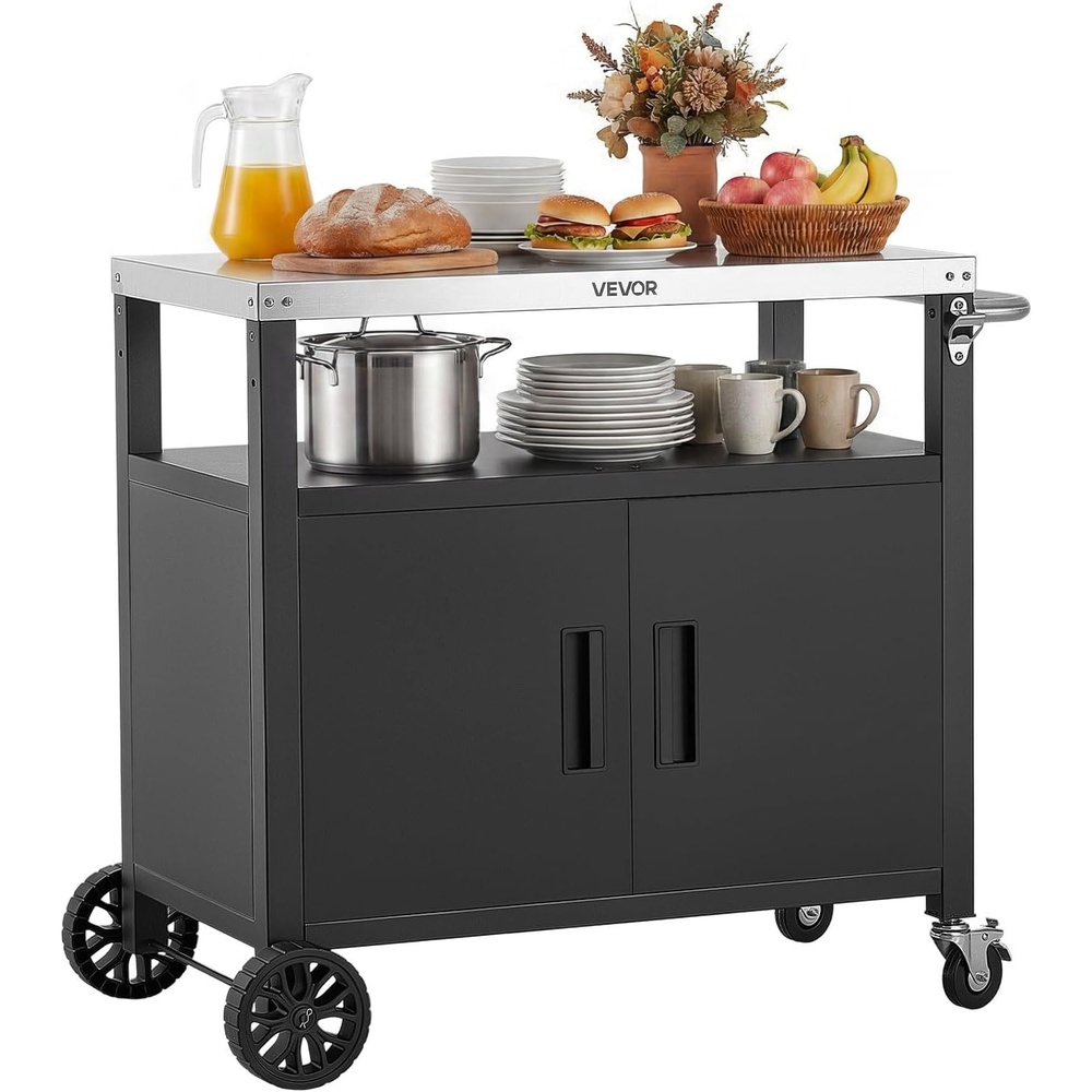 image:imageVEVOR Outdoor Grill Cart with Storage Cabinet 364 Inch Grill Table Waterproof Kitchen Island with Stainless Steel Top Shelf and Wheels Movable Food Prep Station for Patio Bar Backyard BBQ364 Inch