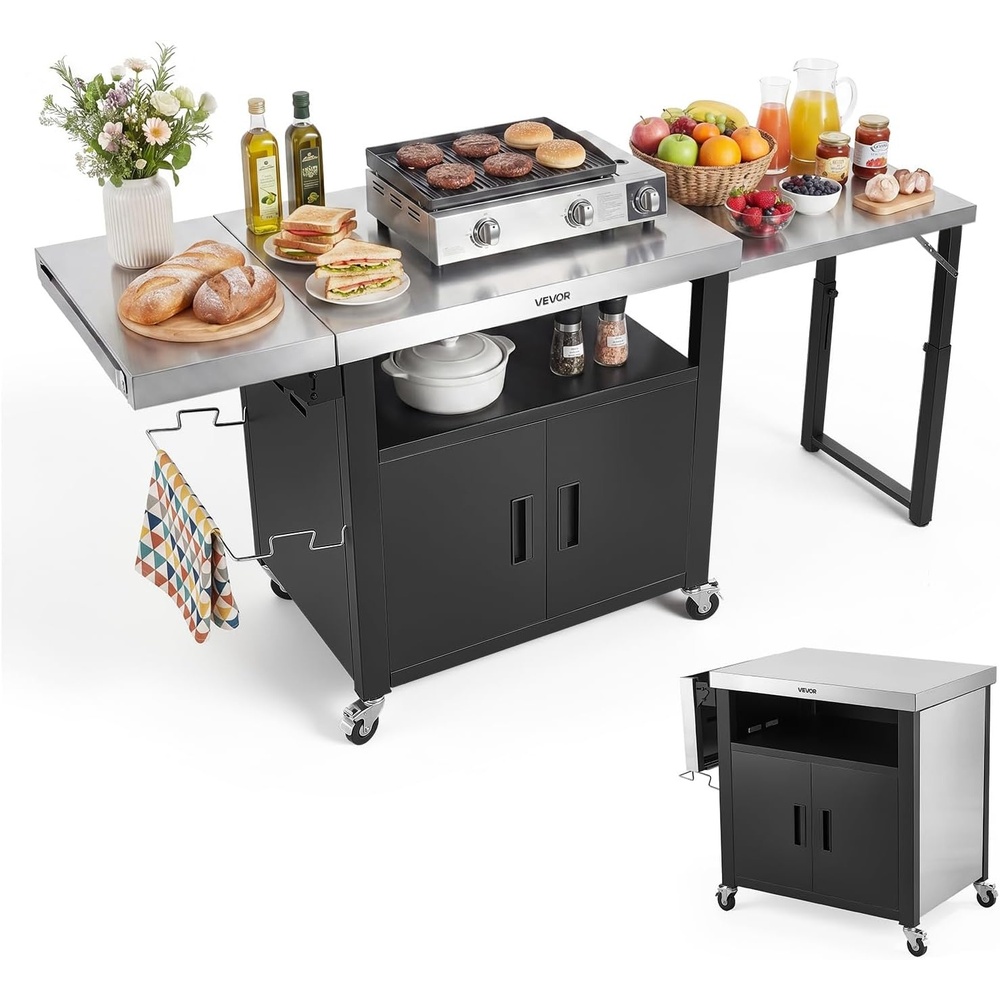 image:imageVEVOR Outdoor Grill Cart with Storage Cabinet 364 Inch Grill Table Waterproof Kitchen Island with Stainless Steel Top Shelf and Wheels Movable Food Prep Station for Patio Bar Backyard BBQ748 Inch