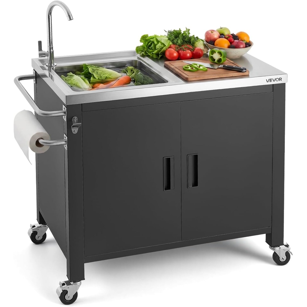 image:imageVEVOR Outdoor Grill Cart with Storage Cabinet 40 Inch Grill Table Waterproof Kitchen Island with Stainless Steel Top Spice Rack and Wheels Movable Food Prep Station for Patio Bar Backyard BBQ38inch