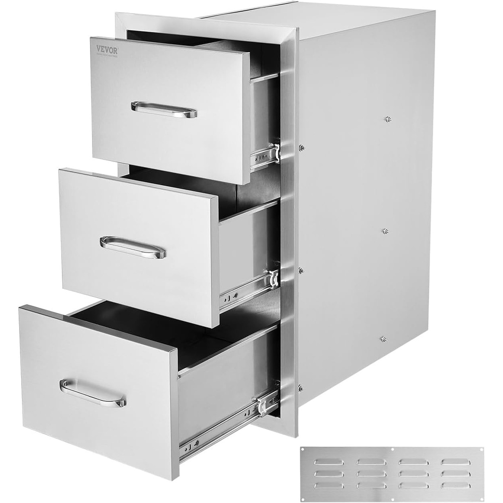 image:imageVEVOR Outdoor Kitchen Drawers 185 W x 225 H x 225 D Triple Access Drawers Stainless Steel Flush Mount Cabinets BBQ Island Storage with Handle for Outdoor Kitchens or Patio Grill Station