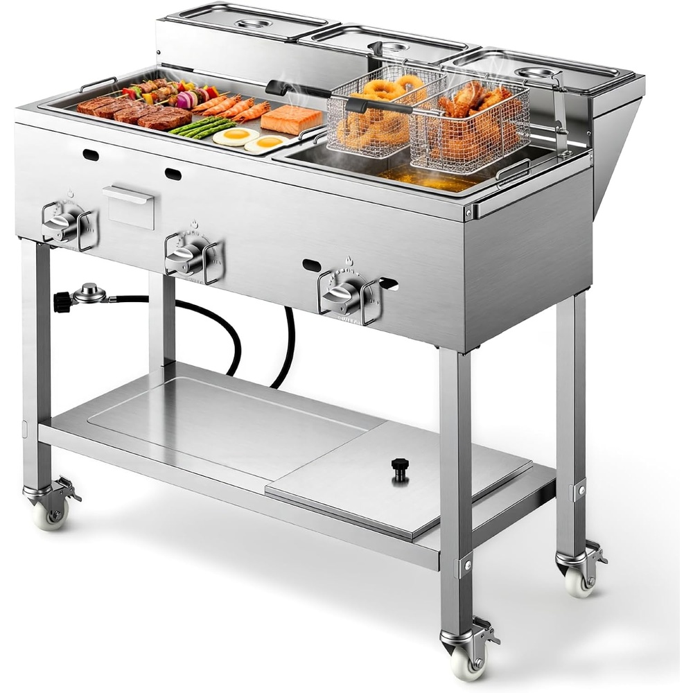 image:imageVEVOR Outdoor Propane Fryer amp Griddle Combo 3 Burners 11600 BTU Each Commercial Stainless Steel Frying Cart with Wheels 2 Fryer Baskets amp 3 Food Pans for Hot Dogs Fried Chicken Fries Meats