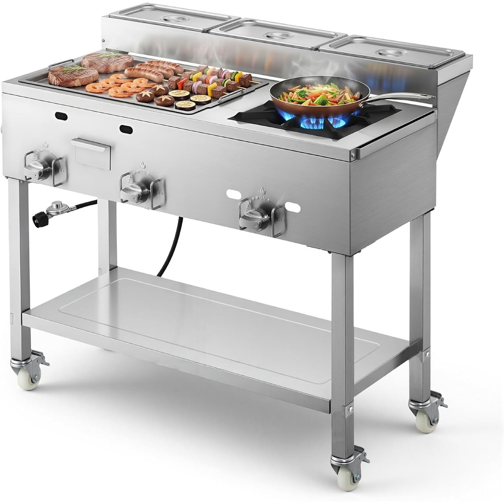 image:imageVEVOR Outdoor Propane Griddle 3 Burners 11600 BTU Each Commercial Stainless Steel Griddle with Two 13 Size Food Warming Pans Portable Cart with 4 Lockable Wheels for Hot Dogs Burgers amp Meats273638584705