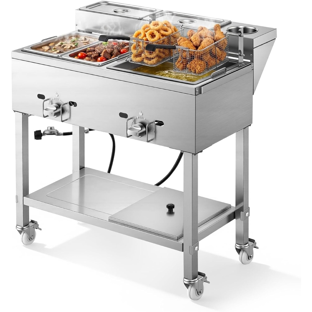 image:imageVEVOR Outdoor Propane Griddle 3 Burners 11600 BTU Each Commercial Stainless Steel Griddle with Two 13 Size Food Warming Pans Portable Cart with 4 Lockable Wheels for Hot Dogs Burgers amp Meats255940944134