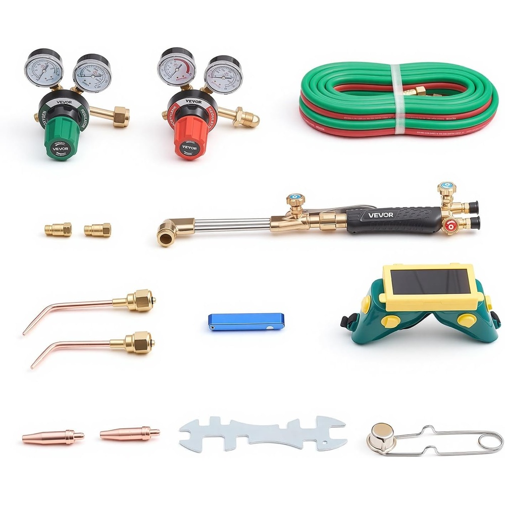 image:imageVEVOR Oxygen Acetylene Torch Kit with Check Valves Gas Welding Torch Kit Portable Oxy Acetylene Brazing Set with 15FT TwinHose 2 Welding Tips 2 Regulators amp Cylinder Holder for Metalworking207 x 116 x 55 in