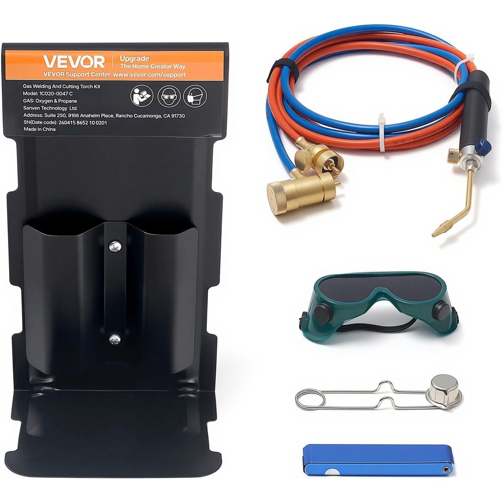 image:imageVEVOR Oxygen Propane Torch Kit Brass Welding Torch for Oxygen MAPP Gas with Dual Pressure Gauges Portable OxyPropane MAPP Brazing Tool Kit with Cylinder Rack for Welding Soldering Metal Heating