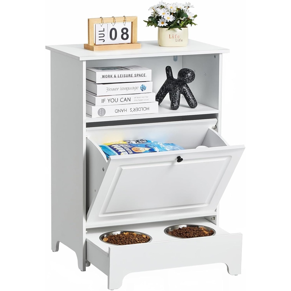 image:imageVEVOR Pet Feeding Station with 2 Elevated Dog Bowls Raised Dog Bowls Stand with Storage Food Cabinet with Hidden PullOut Bowl Feeder Station Pet Toy Storage Organizer for Dogs Cats White2362x1378x3138 inch