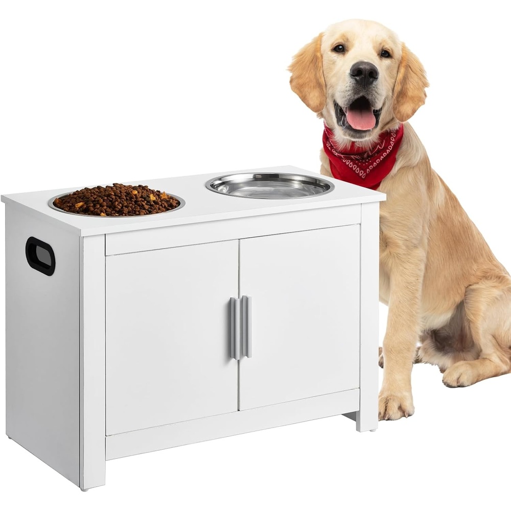 image:imageVEVOR Pet Feeding Station with 2 Elevated Dog Bowls Raised Dog Bowls Stand with Storage Food Cabinet with Hidden PullOut Bowl Feeder Station Pet Toy Storage Organizer for Dogs Cats White2362x1181x1732 inch