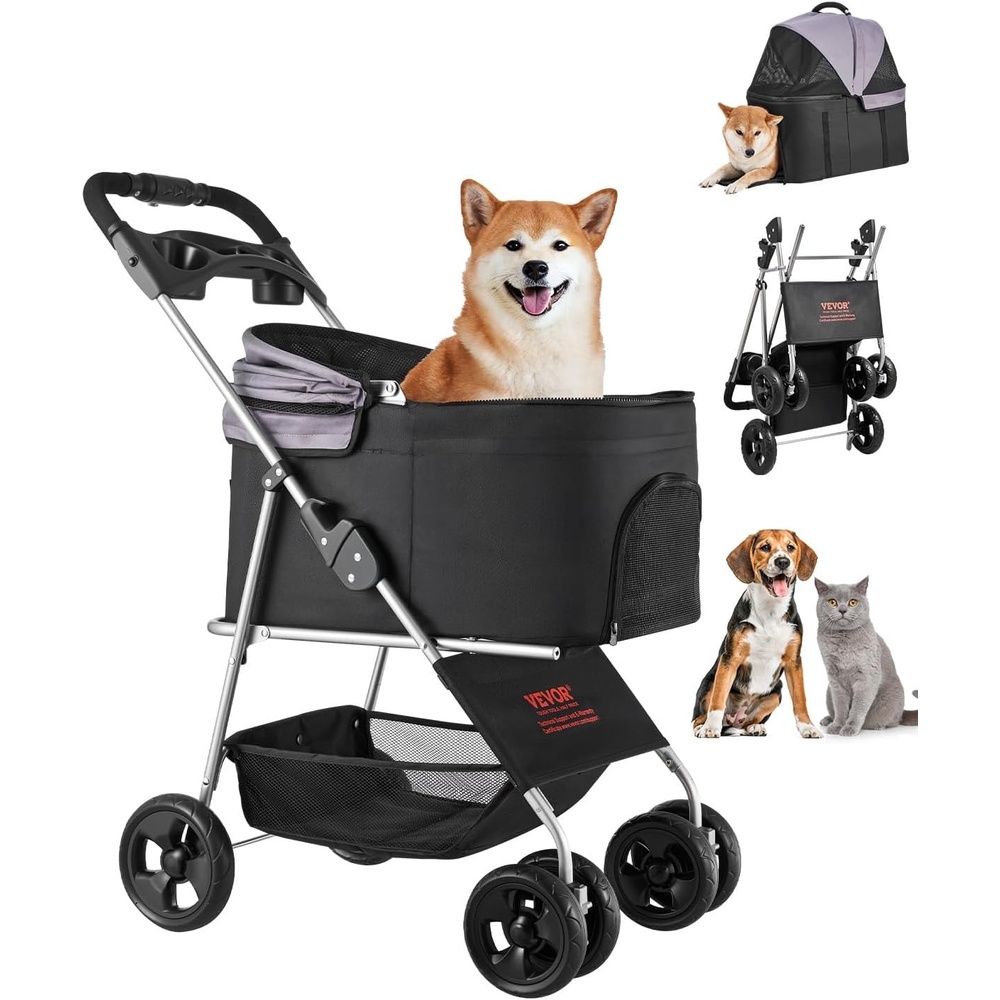 image:imageVEVOR Pet Stroller 35 lbs Weight Capacity Foldable Dog Stroller Cart 4 Wheels Cats Strollers with with Detachable Carrier amp Mesh Windows Portable Design with Brake for Small to Medium Pets4 wheels  For Pets up to 35 Pound