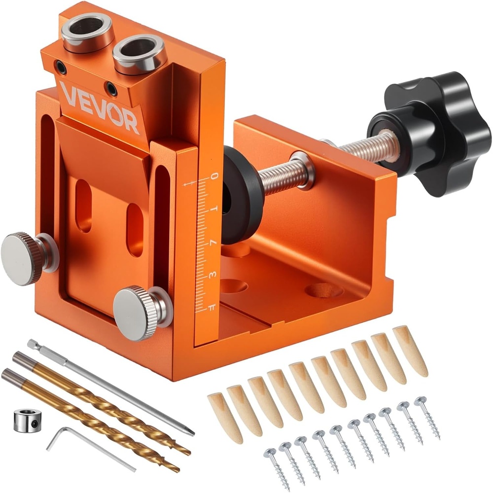 image:imageVEVOR Pocket Hole Jig Kit 12 to 112 in Adjustable Jig Pocket Hole System with Toolcase CClamp Step Drill Hex Wrench Drill Stop Ring Square Drive Bit Reinforced Metal Frame for WoodworkingOrange