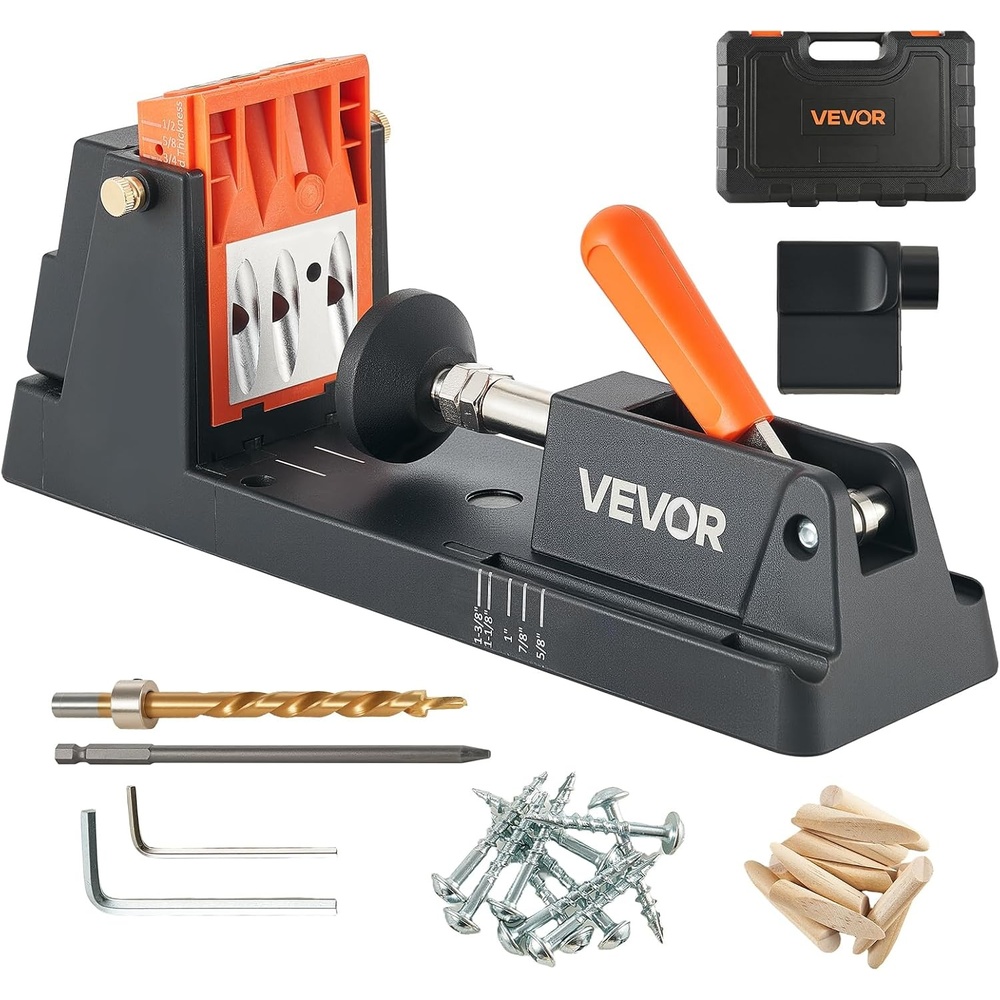 image:imageVEVOR Pocket Hole Jig Kit 12 to 112 in Adjustable Jig Pocket Hole System with Toolcase CClamp Step Drill Hex Wrench Drill Stop Ring Square Drive Bit Reinforced Metal Frame for WoodworkingBlack