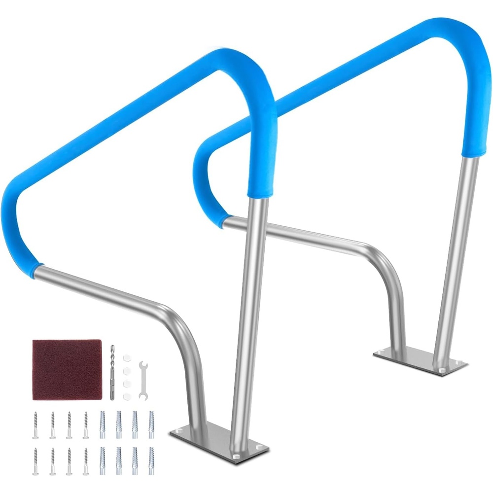 image:imageVEVOR Pool Rail 54x36 Pool Railing 304 Stainless Steel 250LBS Load Capacity Silver Rustproof Pool Handrail Humanized Swimming Pool Handrail with Blue Grip Cover amp M8 Drill Bit amp SelfTaping Screws48x36 Inch 2 Pack