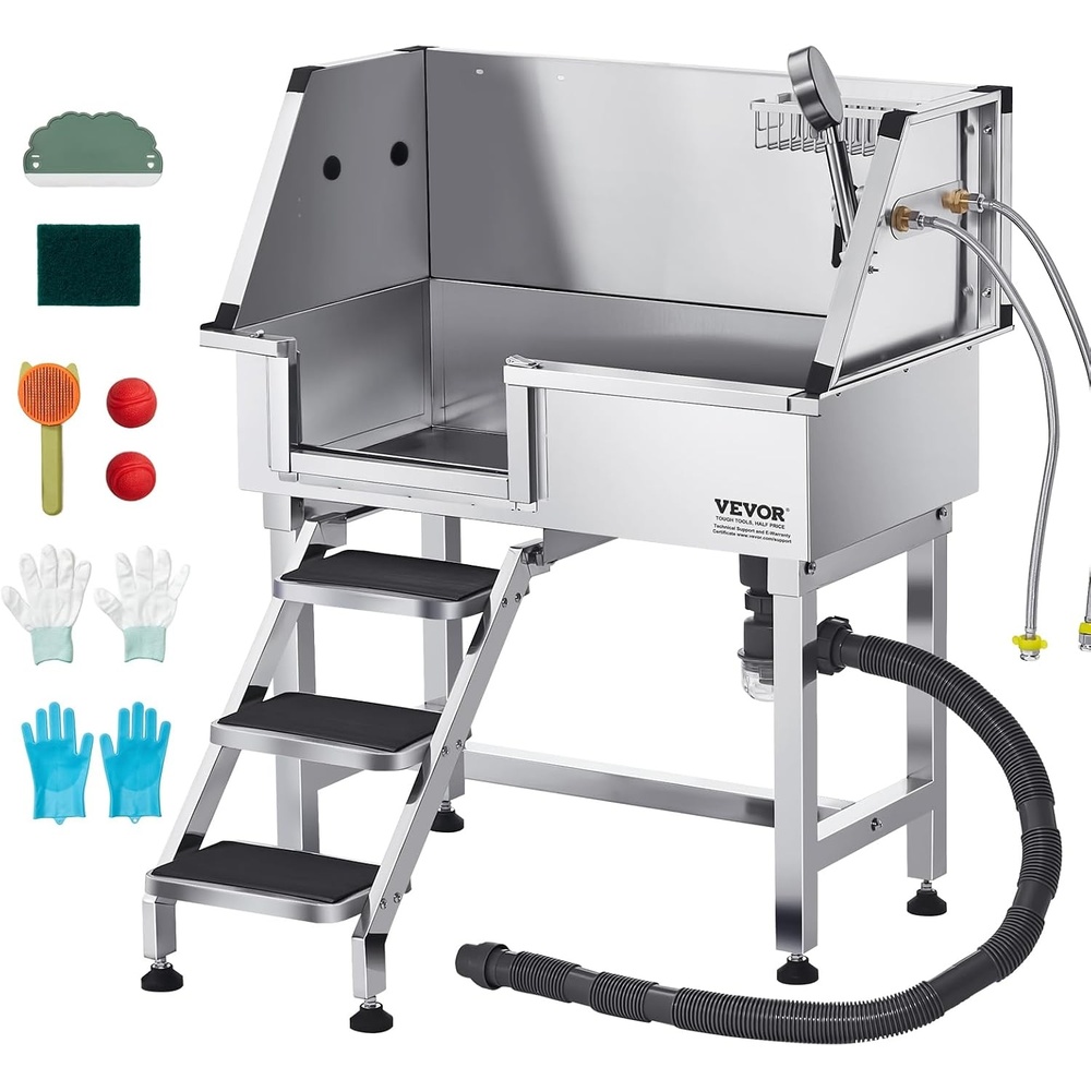 image:imageVEVOR Professional Dog Washing Station 34 Inch Stainless Steel Pet Grooming Tub with Hot Cold Faucet Adjustable Showerhead NonSlip Stairs amp Side Sink for Small to Medium Dogs and Cats Left Door