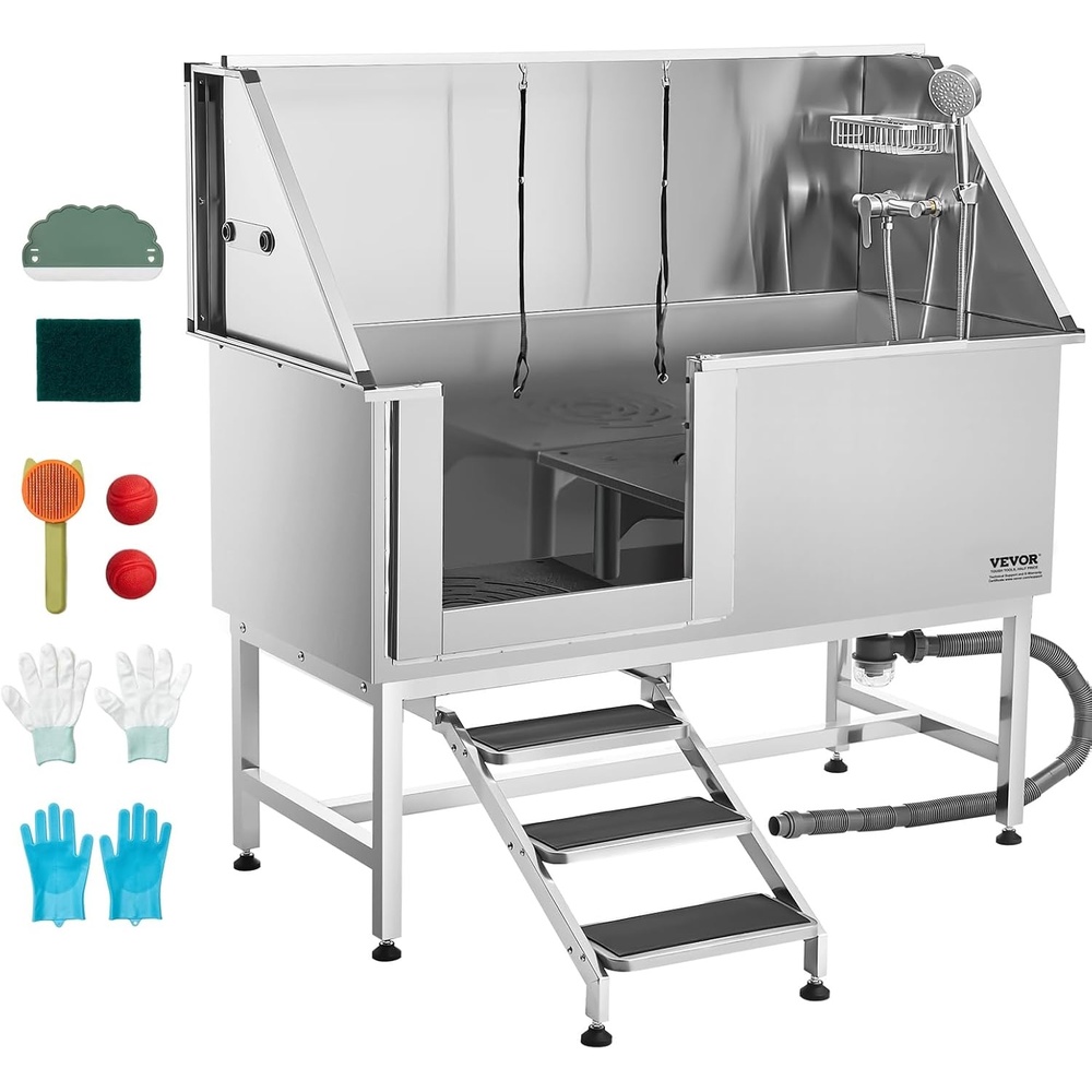 image:imageVEVOR Professional Dog Washing Station 34 Inch Stainless Steel Pet Grooming Tub with Hot amp Cold Faucet Showerhead Storage Rack NoBend AllinOne Bathtub Home Wash Sink Fits Small Cats and Dogs62 inch
