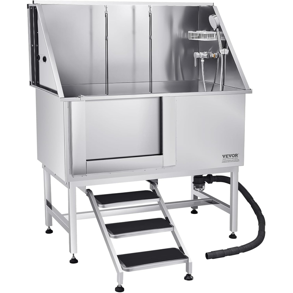 image:imageVEVOR Professional Dog Washing Station 34 Inch Stainless Steel Pet Grooming Tub with Hot amp Cold Faucet Showerhead Storage Rack NoBend AllinOne Bathtub Home Wash Sink Fits Small Cats and Dogs50 inch