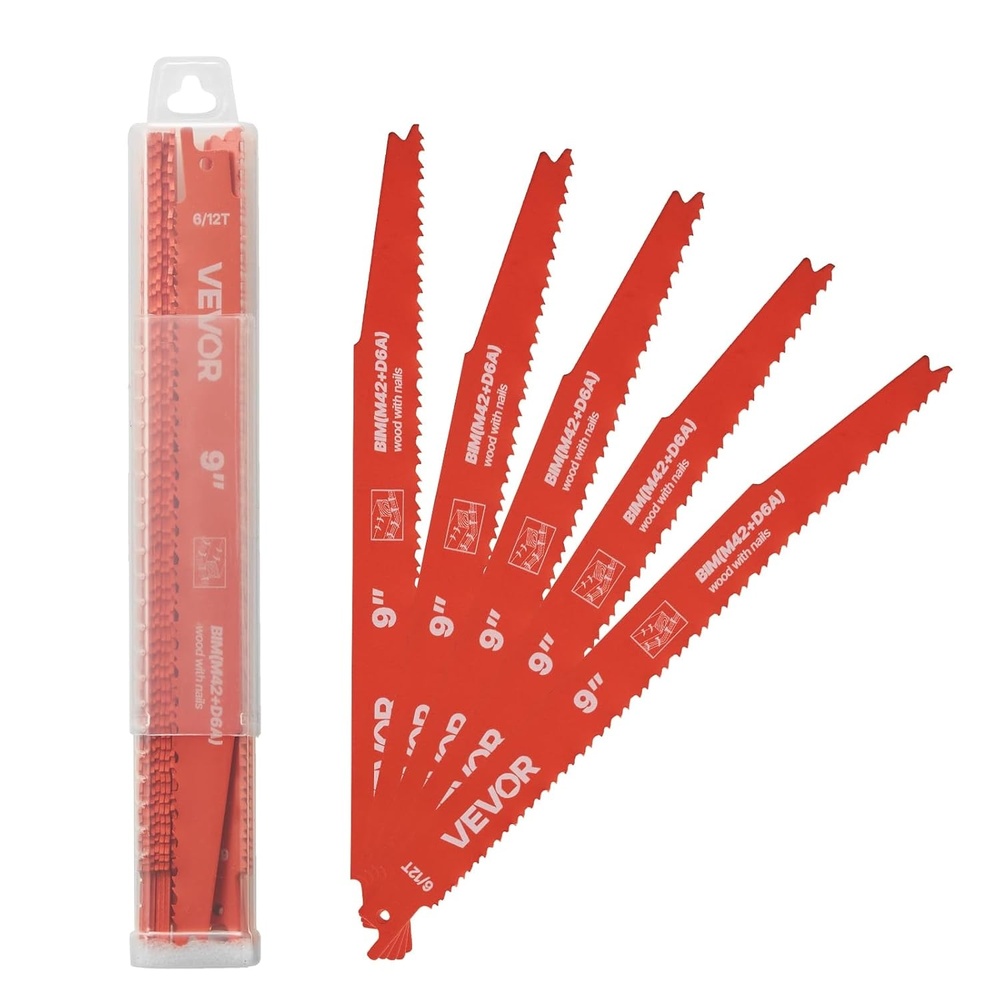 image:imageVEVOR Reciprocating Saw Blades 25 Pack 612 TPI BiMetal Reciprocating Saw Blade Set with Universal Shank Sharp Teeth for Fast and Smooth Cuts for Wood and NailEmbedded Wood Demolition Orange25Pcs Wood