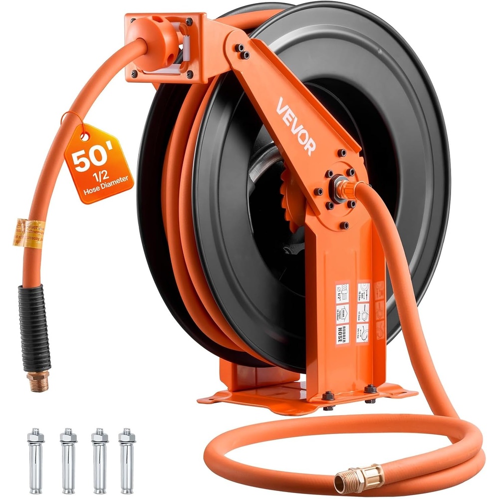 image:imageVEVOR Retractable Air Hose Reel 12 IN x 50 FT Hybrid Air Hose Max 300PSI Air Compressor Hose Reel AutoRewind with 5FT Lead in CeilingWall Mount Heavy Duty Single Arm Steel Reel 12 NPT FittingDouble Arm