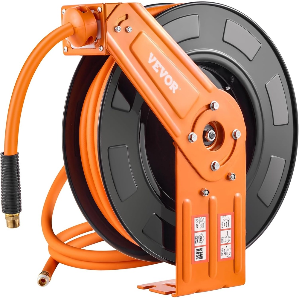 image:imageVEVOR Retractable Air Hose Reel 12 IN x 50 FT Hybrid Air Hose Max 300PSI Air Compressor Hose Reel AutoRewind with 5FT Lead in CeilingWall Mount Heavy Duty Single Arm Steel Reel 12 NPT FittingSingle Arm