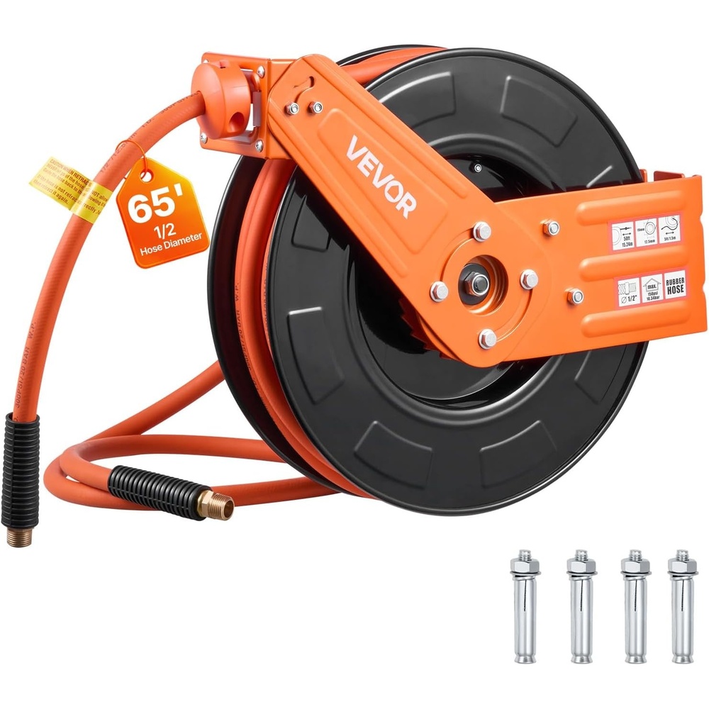 image:imageVEVOR Retractable Air Hose Reel 12 Inch x 65 FT Rubber Air Hose Max 300PSI Auto Rewind AirCompressor Hoses Reel with 5 ft Lead in CeilingWall Mount for Garage Workshops12IN x 65FT