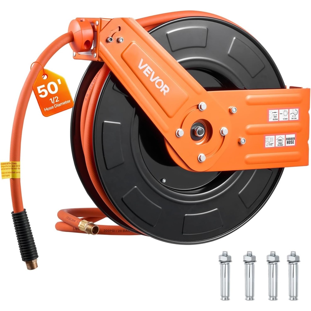 image:imageVEVOR Retractable Air Hose Reel 12 Inch x 65 FT Rubber Air Hose Max 300PSI Auto Rewind AirCompressor Hoses Reel with 5 ft Lead in CeilingWall Mount for Garage Workshops12IN x 50FT