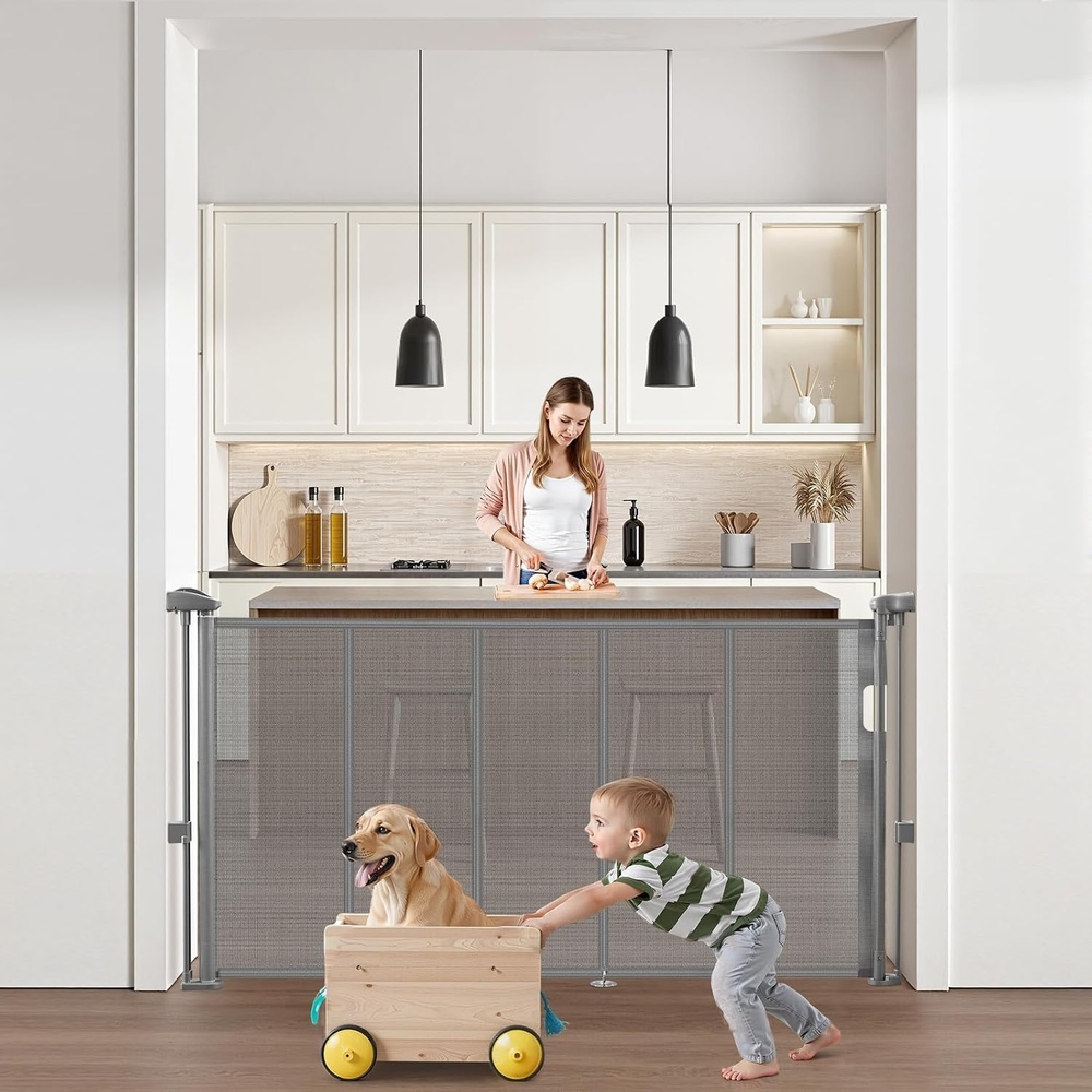 image:imageVEVOR Retractable Baby Gate 34 inch Tall Extends up to 55 inch Wide Retractable Gate for Kids or Pets Mesh Material Easy to Install for Indoor Stairs Doorways Hallways Playrooms WhiteGray