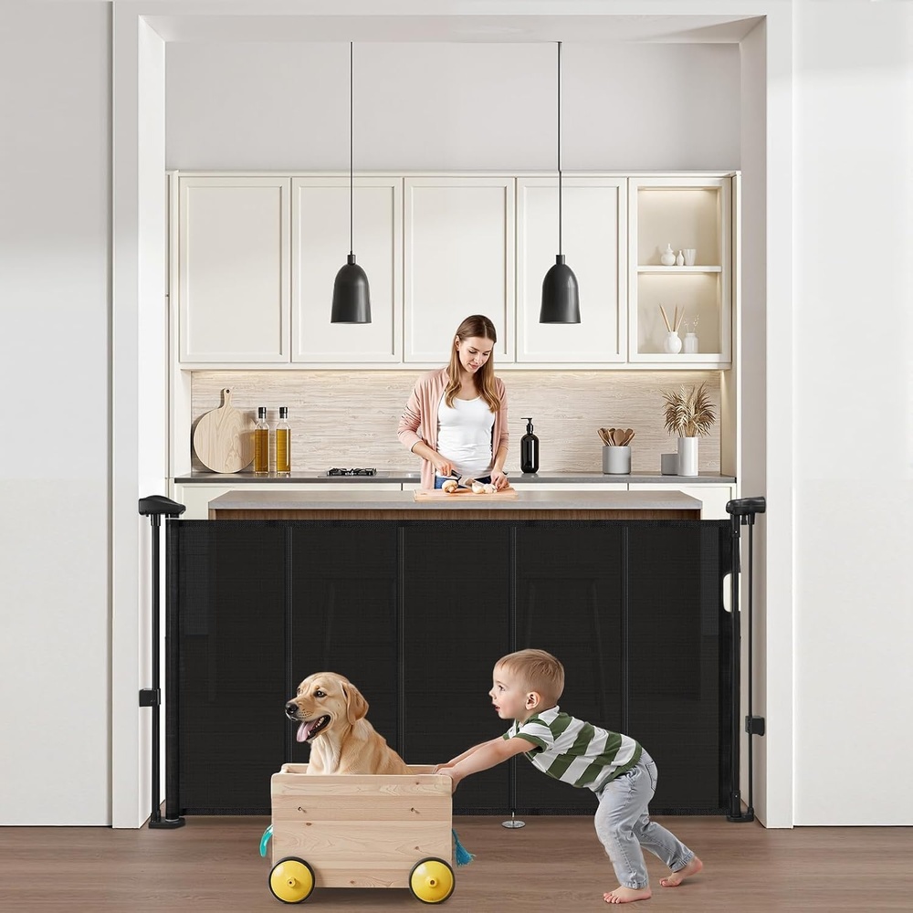image:imageVEVOR Retractable Baby Gate 34 inch Tall Extends up to 55 inch Wide Retractable Gate for Kids or Pets Mesh Material Easy to Install for Indoor Stairs Doorways Hallways Playrooms WhiteBlack