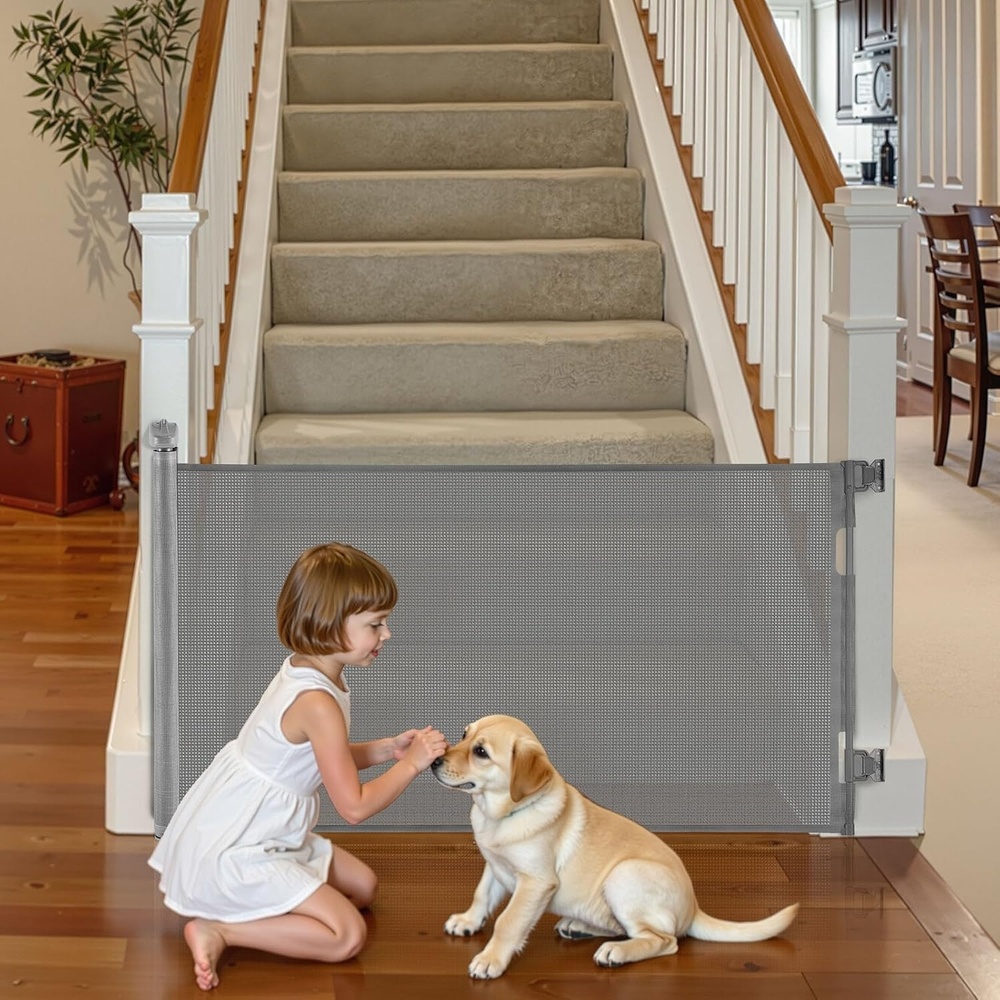 image:imageVEVOR Retractable Baby Gate Extends to 120 inch Extra Wide 385 inch Tall with Reinforced Fiberglass Strips Avoids Crawling Through Mesh Dog Gate for Decks Doorways Garages Indoor BlackGray
