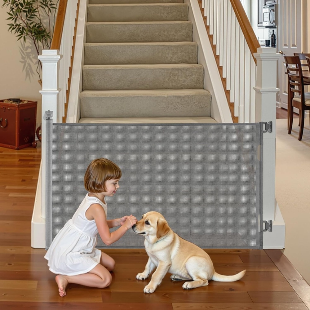 image:imageVEVOR Retractable Baby Gate Extends to 57 inch Wide 385 inch Tall with Security Lock Easy to Use Walk Through Without Tripping Mesh Dog Gate for Stairs Hallways IndoorOutdoor Gray