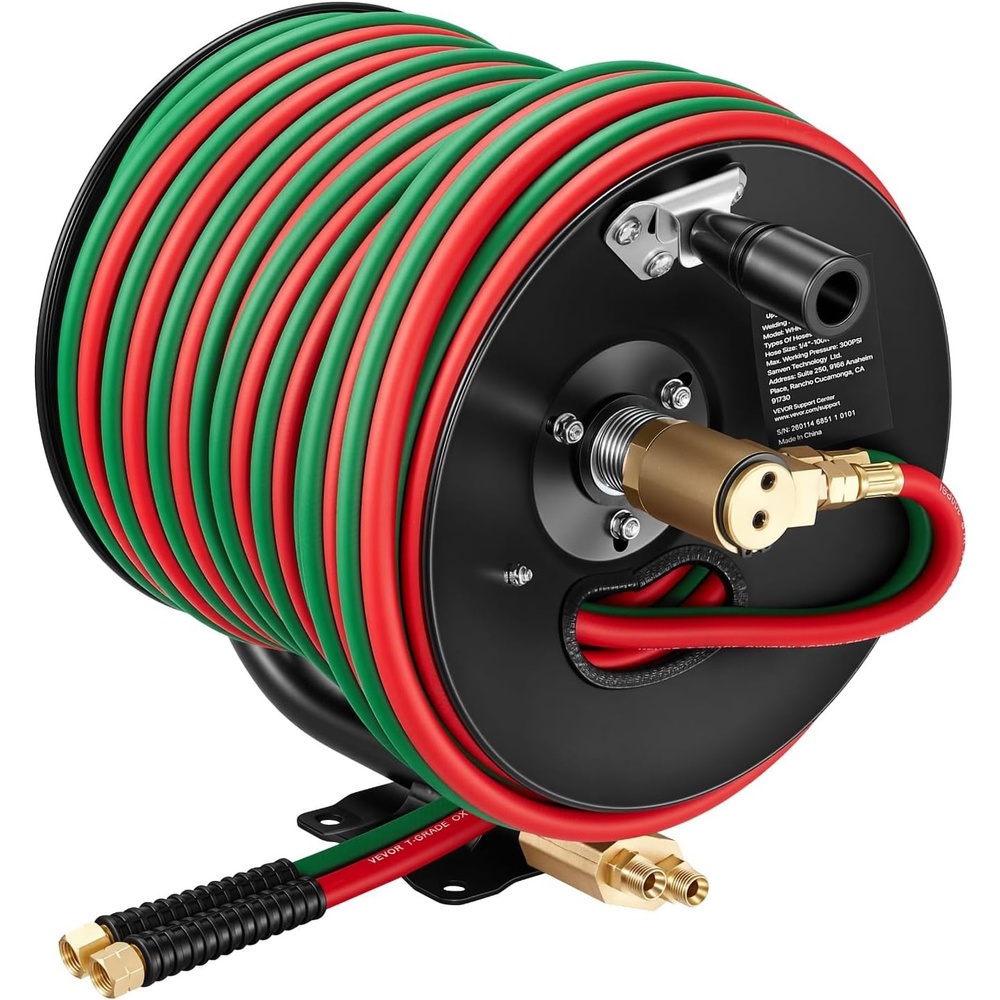 image:imageVEVOR Retractable Welding Hose Reel Hand Crank Manual Rewind Hose Reel with 14 Inch x 100FT Twin Oxygen Acetylene Rubber Hose Max 300PSI  T Grade CeilingWall Mount Steel Reel for Workshop GaragesT Grade14 Inch x 100FT