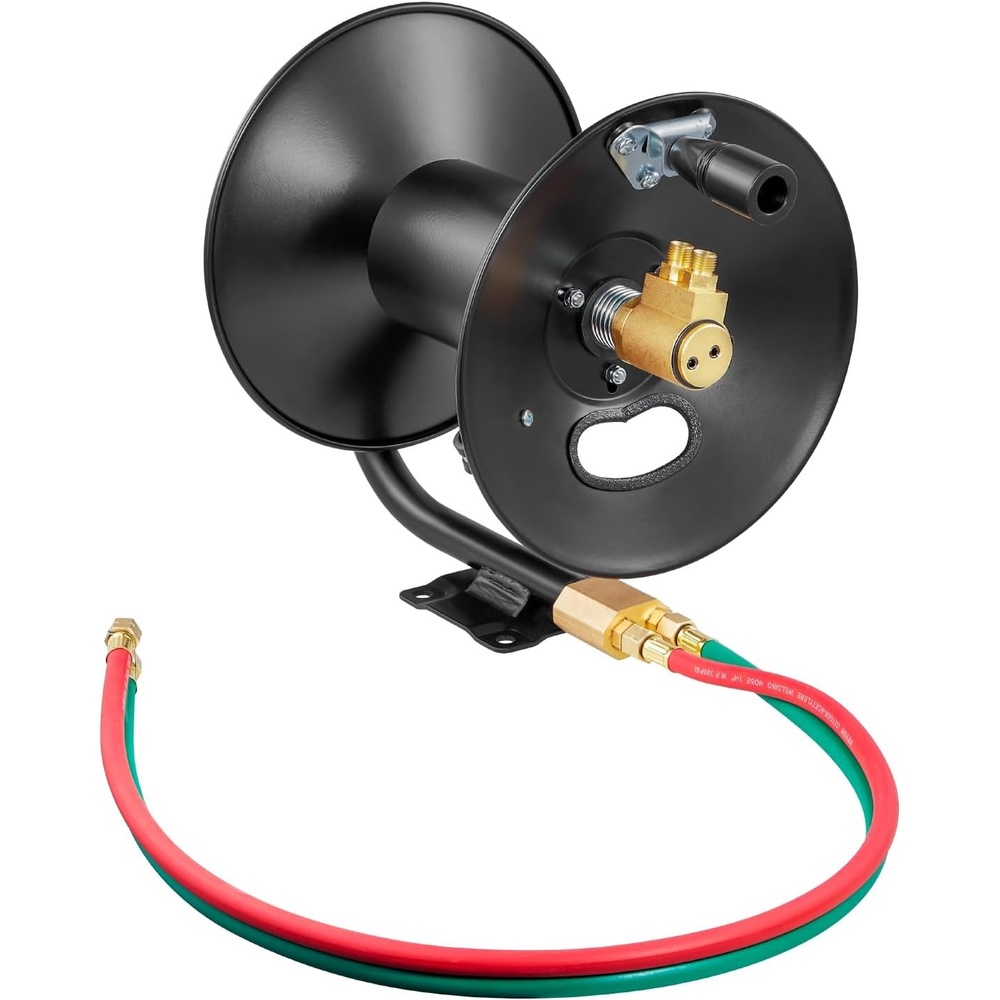 image:imageVEVOR Retractable Welding Hose Reel Hand Crank Manual Rewind Hose Reel with 14 Inch x 100FT Twin Oxygen Acetylene Rubber Hose Max 300PSI  T Grade CeilingWall Mount Steel Reel for Workshop Garages146 x 106 x 129 inch