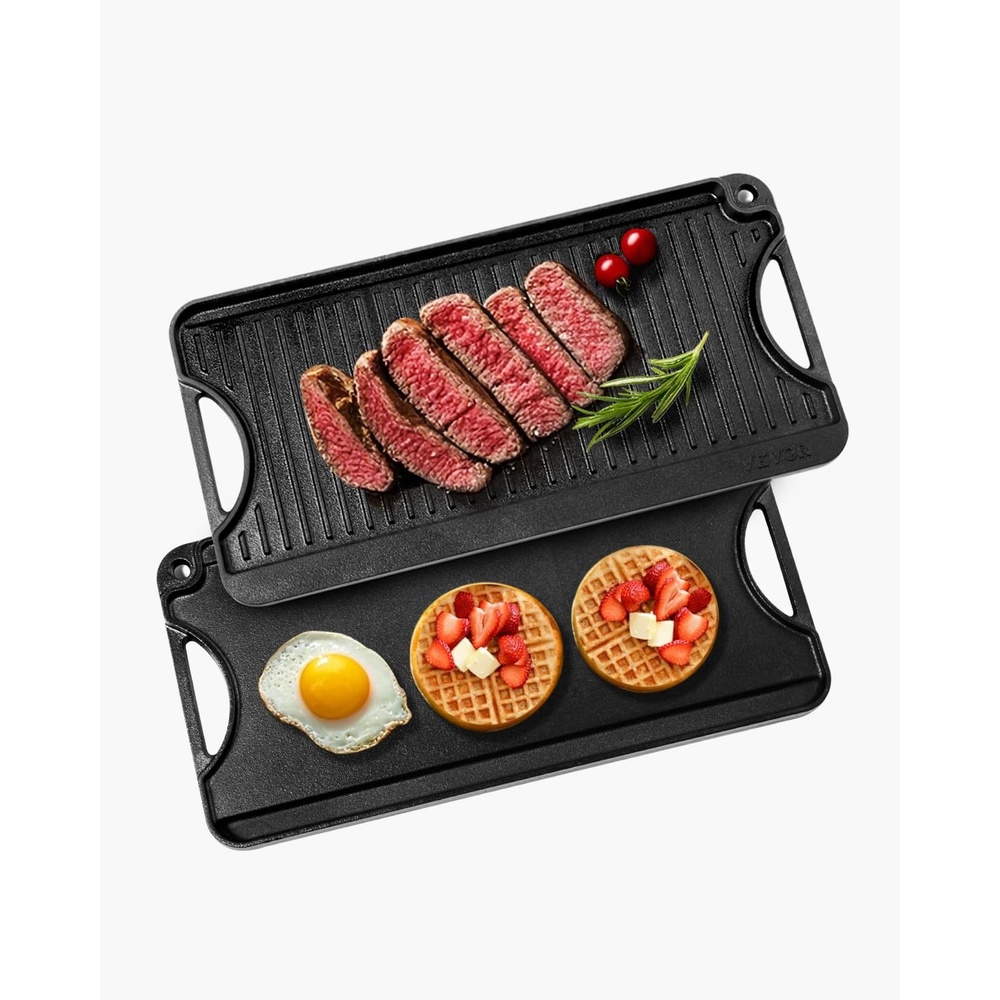 image:imageVEVOR Reversible GrillGriddle 20x10 inch PreSeasoned Cast Iron Griddle Portable Rectangular Pan with Handle Family Cookware for IndoorOutdoor Stove Top Burner Gas Camping BBQ Black20 x 10 x 1