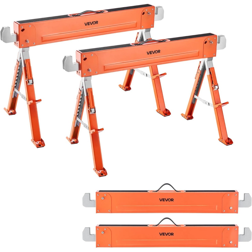 image:imageVEVOR Saw Horses 2 Pack Folding Work Horses 1800 lbs Load Capacity Sawhorse with Heavy Duty Legs Adjustable Height Saw Horse with NonSlip Foot Pads for Woodworking Carpenters amp Contractors