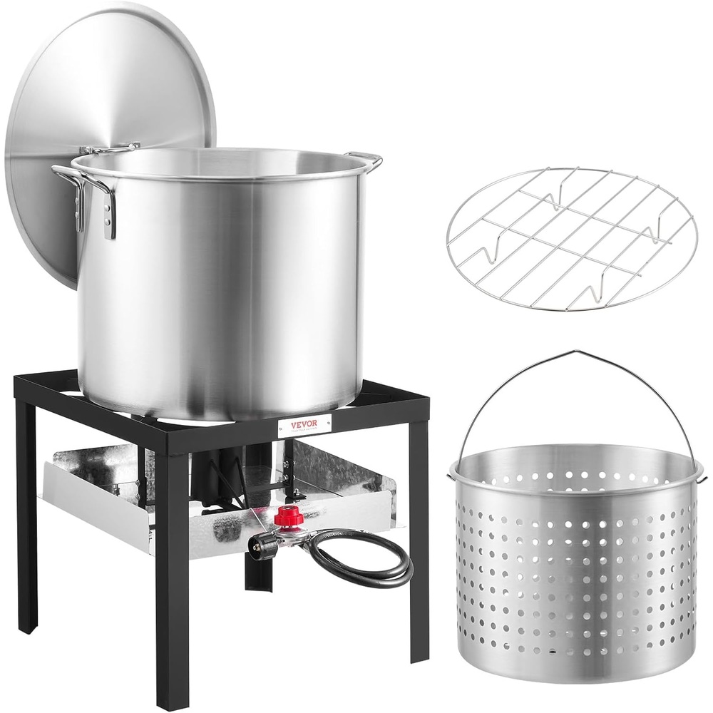 image:imageVEVOR Seafood Boiling Kit amp Turkey Fryer 30qt Boiler Steamer Cooker Set Outdoor Aluminum Frying Pot 54000 BTU Burner Propane Gas Boiler Gifts for Thanksgiving Day80qt