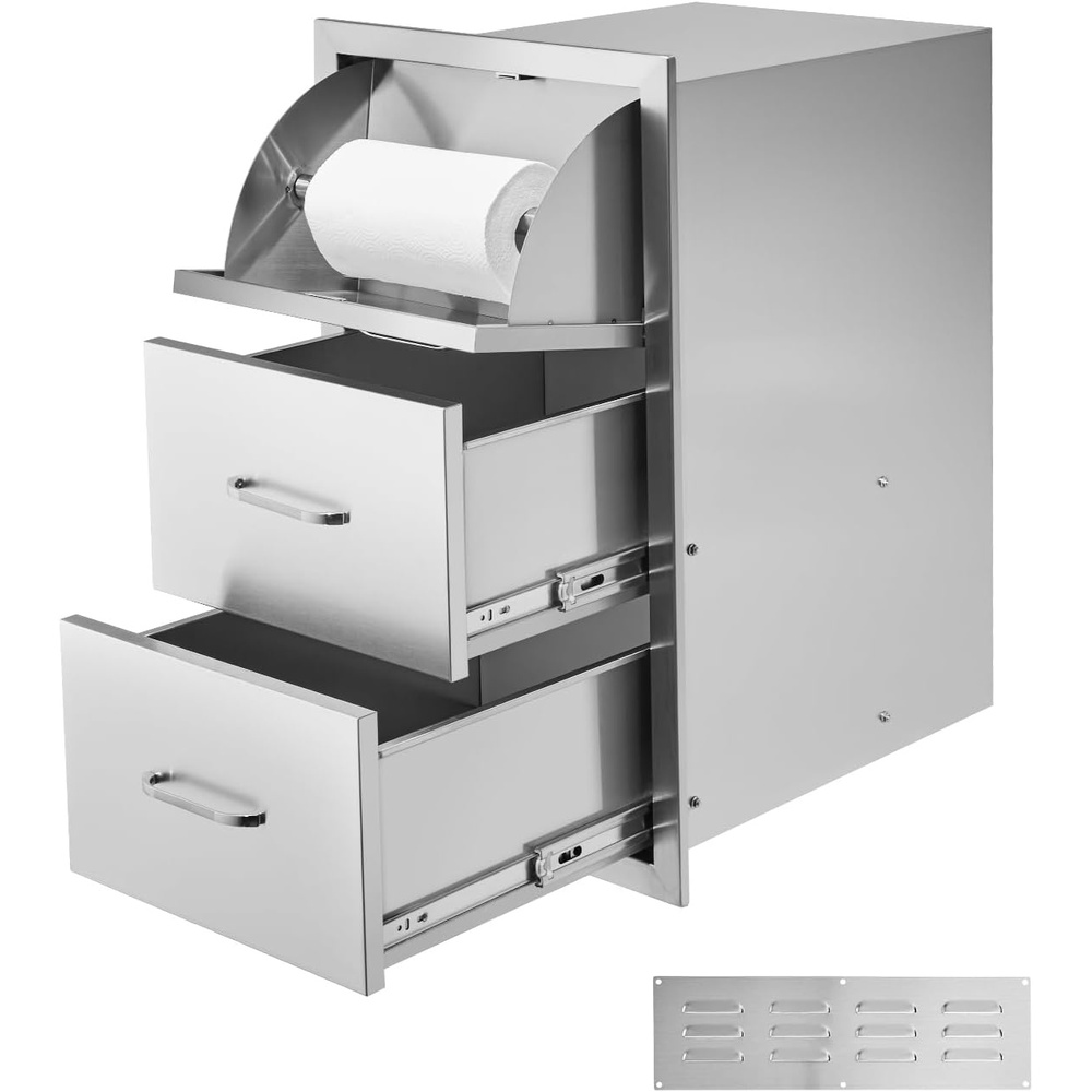image:imageVEVOR Stainless Steel Cabinet Outdoor Kitchen Door Drawer Combo 295 W x 226 H x 217 D Access DoorTriple Drawers Propane Drawer Adjustable Garbage Ring BBQ Island Patio Grill StationTissue 165W x 29H x 205D Inch