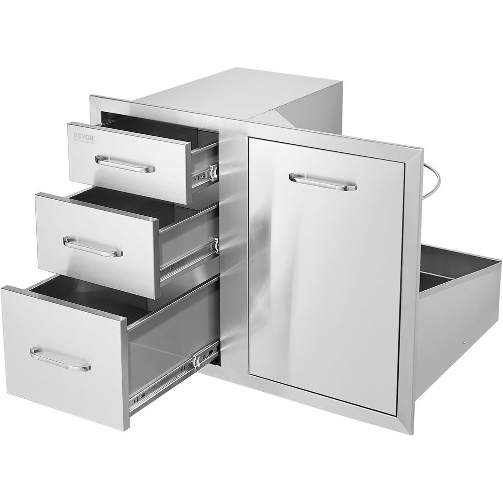 image:imageVEVOR Stainless Steel Cabinet Outdoor Kitchen Door Drawer Combo 295 W x 226 H x 217 D Access DoorTriple Drawers Propane Drawer Adjustable Garbage Ring BBQ Island Patio Grill StationDrawerDoor 30W x 226H x 217D Inch