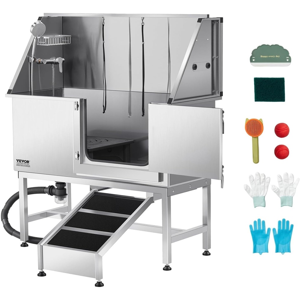 image:imageVEVOR Stainless Steel Dog Washing Station Professional 62 inch Pet Grooming Tub wRamp PE Water Filter Board Faucet amp Showerhead amp Soap Holder Bathtub for Large amp Medium amp Small Pets Left DoorRight RAMP