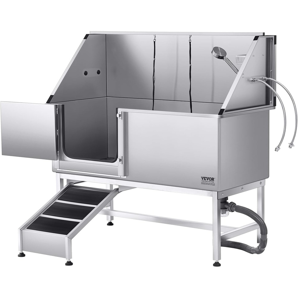 image:imageVEVOR Stainless Steel Dog Washing Station Professional 62 inch Pet Grooming Tub wRamp PE Water Filter Board Faucet amp Showerhead amp Soap Holder Bathtub for Large amp Medium amp Small Pets Left DoorLeft RAMP
