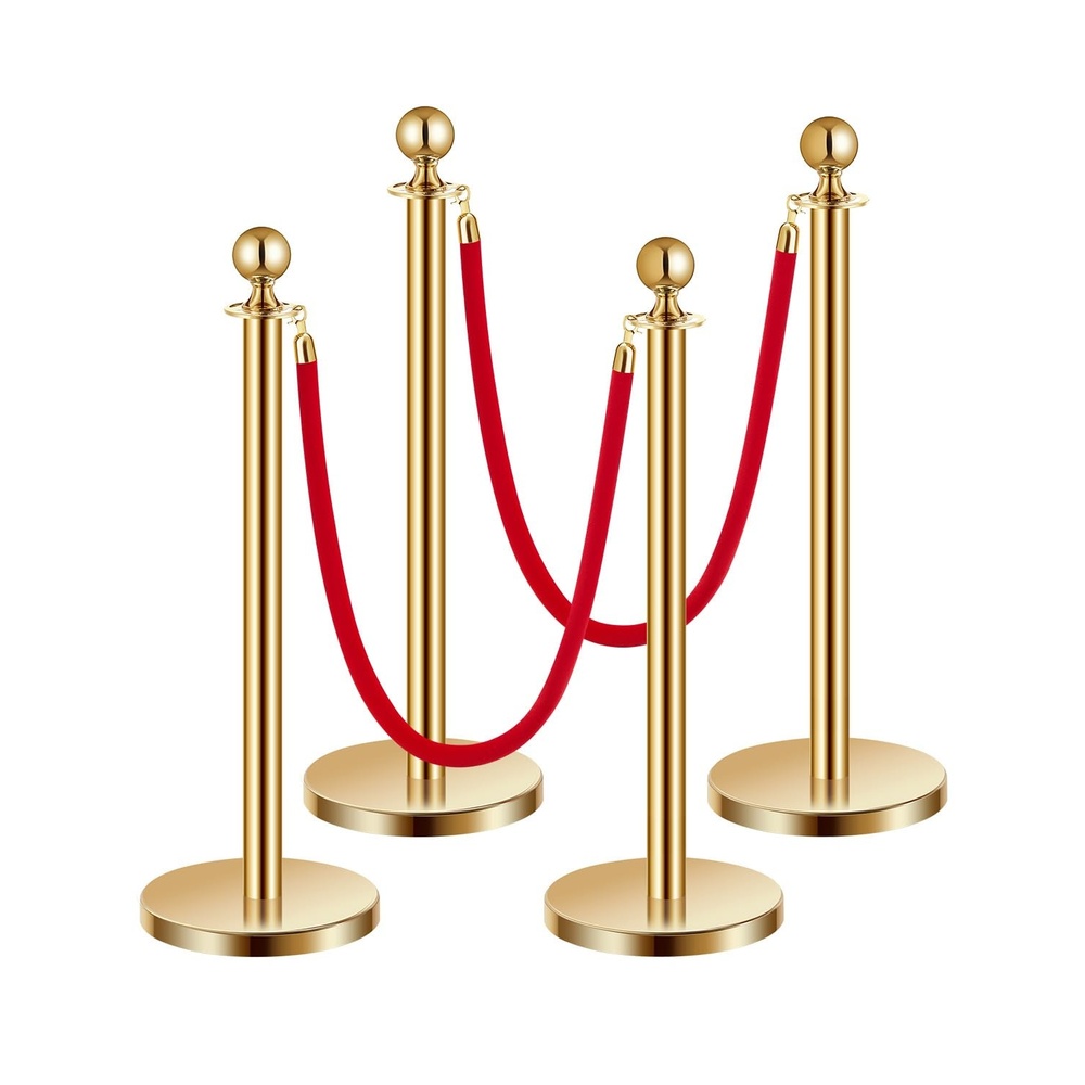 image:imageVEVOR Stanchions and Velvet Ropes 8Pcs Hollow Base with Stainless Steel Post 4 Red Velvet Ropes and Posts Crowd Control Barriers Silver Stanchions Red Carpet Runner Poles for Party SuppliesGold
