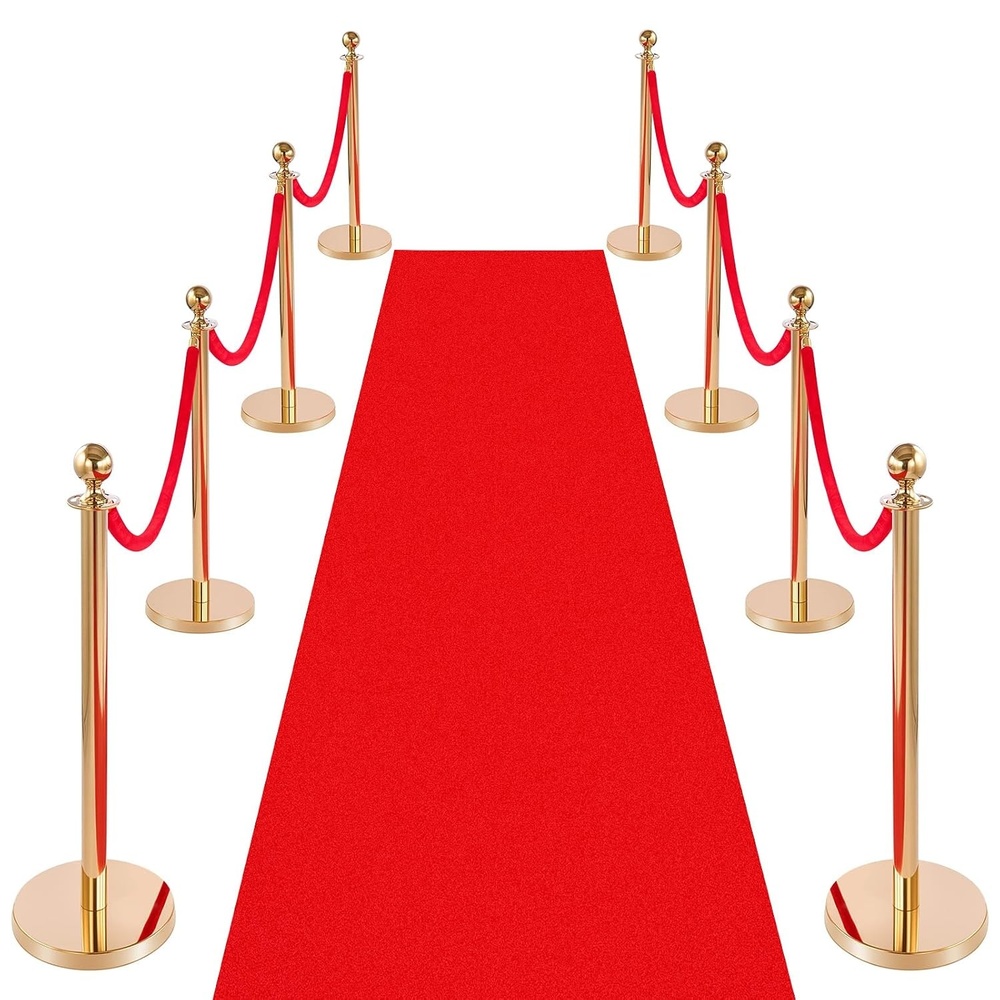 image:imageVEVOR Stanchions and Velvet Ropes 8Pcs Hollow Base with Stainless Steel Post amp 3281ft Carpet 6 Red Velvet Ropes Crowd Control Barriers Gold Stanchions Red Carpet Runner Poles for Party SuppliesGold  Red