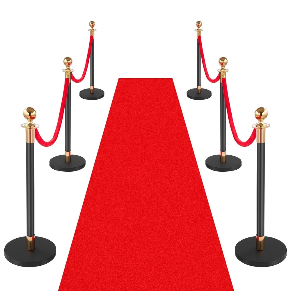 image:imageVEVOR Stanchions and Velvet Ropes 8Pcs Hollow Base with Stainless Steel Post amp 3281ft Carpet 6 Red Velvet Ropes Crowd Control Barriers Gold Stanchions Red Carpet Runner Poles for Party SuppliesBlack  Red