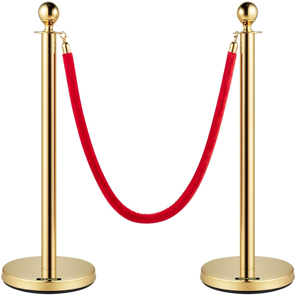 image:imageVEVOR Stanchions and Velvet Ropes Solid Base with Stainless Steel Post 5ft Red Velvet Ropes and Posts Silver Concrete Metal Bottom  2Pcs 1RopeGold