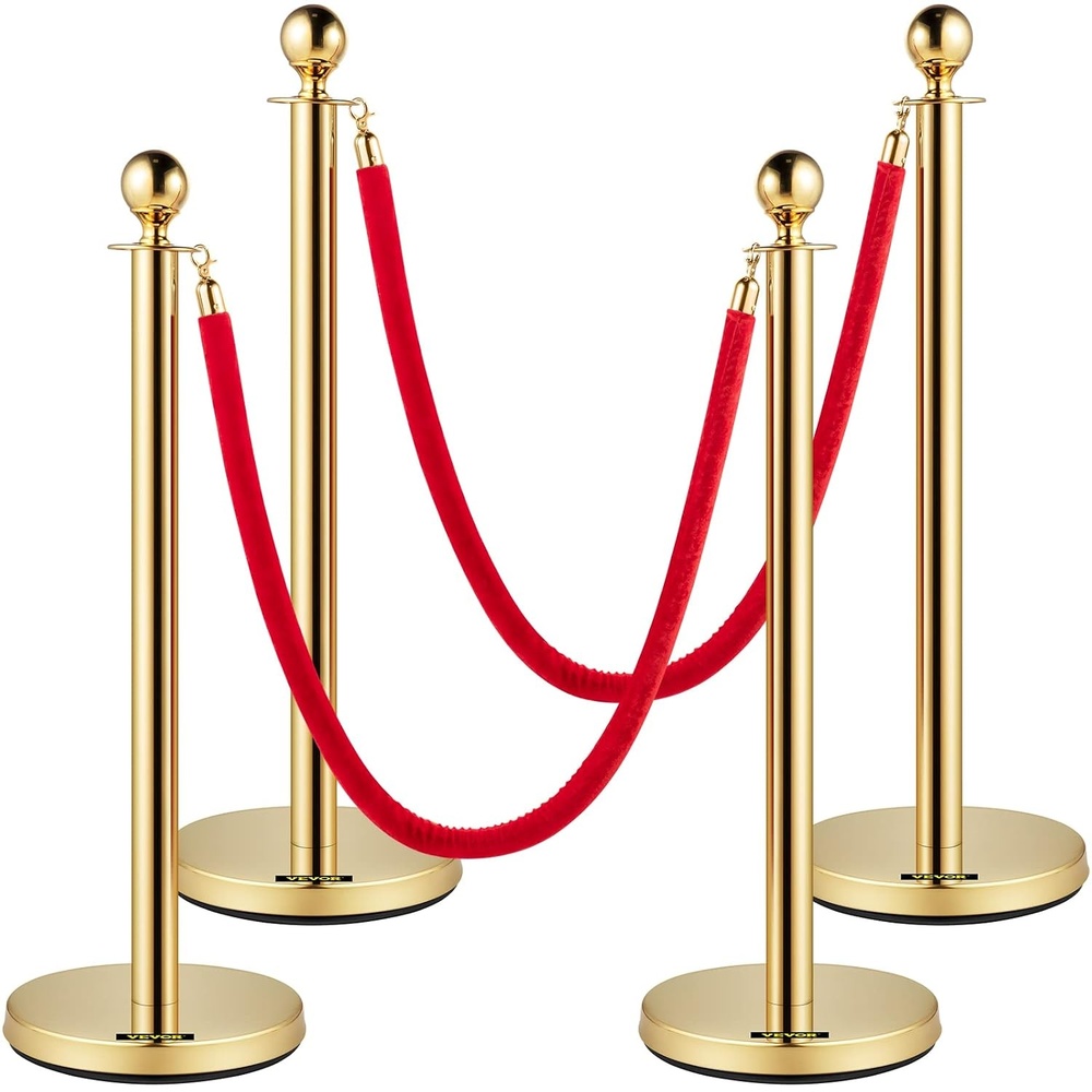 image:imageVEVOR Stanchions and Velvet Ropes Solid Base with Stainless Steel Post 5ft Red Velvet Ropes and Posts Silver Concrete Metal Bottom 2Pcs 1RopeGoldRed